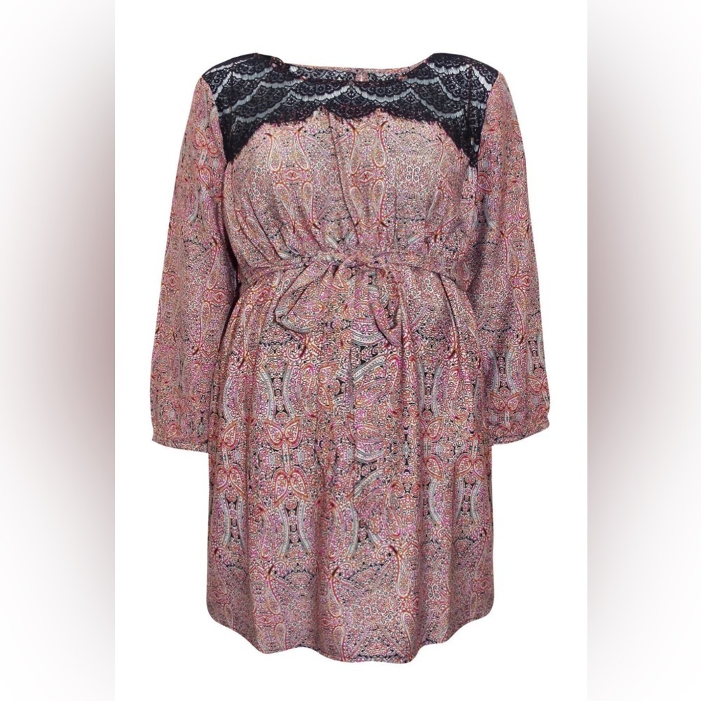 MOTHERHOOD MATERNITY RED LACE DETAIL PAISLEY PRINT BLOUSE TUNIC TOP XL Like New